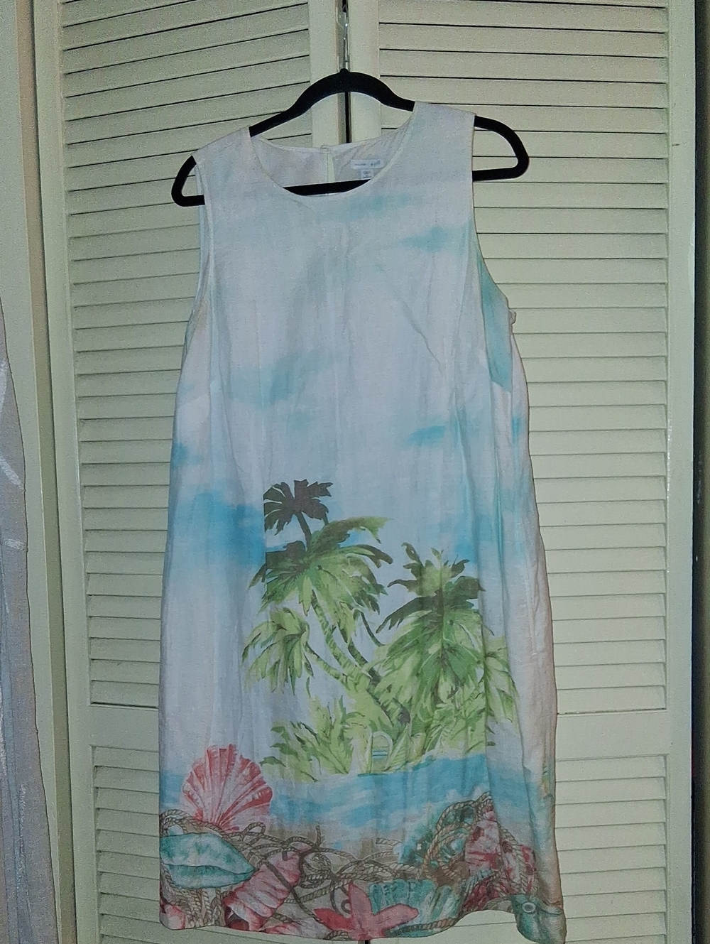 Sleeveless Asymmetrical Beach Print Dress in White and Aqua